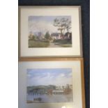 Geraldine Mead watercolours: Bideford Bridge, Devon plus a village scene both framed and glazed 51cm