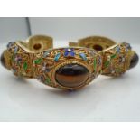 Chinese silver Tiger eye stone and enamelled filigree bracelet, stamped S925