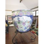Large Chinese fish bowl with stand - 62cm tall with stand, 42cm without and 45cm dia at top