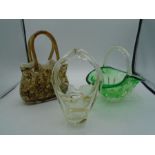 Glass handbag purse in the style of Murano, green vintage glass basket and Murano light yellow