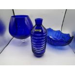 Irena Polish cobalt blue bottle vase, large glass and dish in same colour