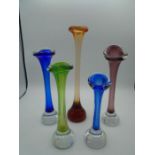 5 colourful Swedish glass vases in the style of Bo Borgstrom for Aseda, tallest approx 30cm