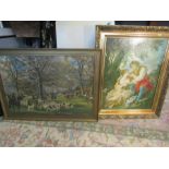 Ts Fountaine print of a hunting scene and a Romantic print in gilt frame