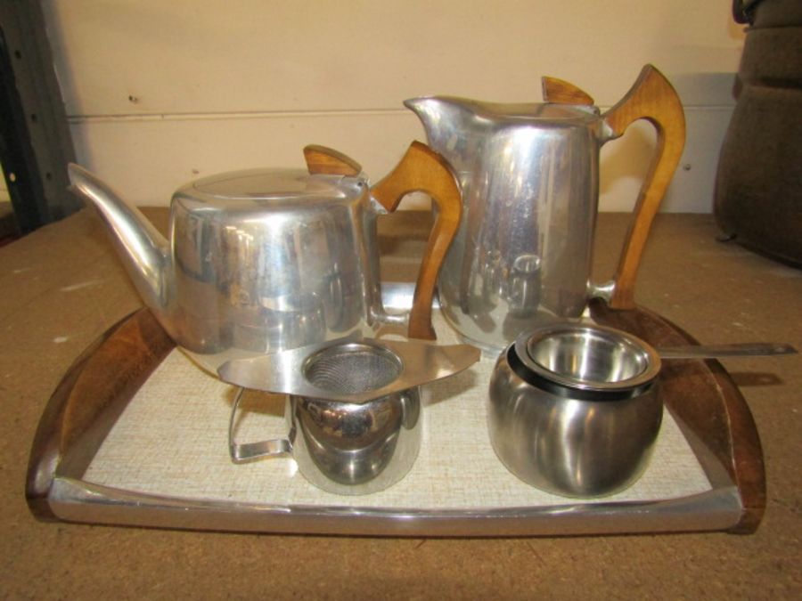 Picquot ware teapot, coffee pot and tray - Image 2 of 2