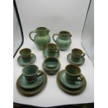 Prinknash pottery part tea set - 2 water jugs, 5 cups, 6 saucers, 2 mini plates and a sugar bowl