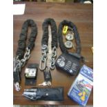 3 Heavy duty motorbike locks with keys and anchor and squire locks, helmet locks with keys, first