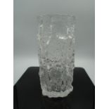 Whitefriars clear glass bark texture vase, approx 23.5 cm tall