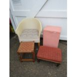 Lloyd Loom style commode chair, storage box and 2 stools