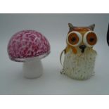 Murano glass owl paperweight figurine and pink glass mushroom paperweight