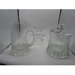 Etched glass jug and lidded pot in same design and a large cake stand