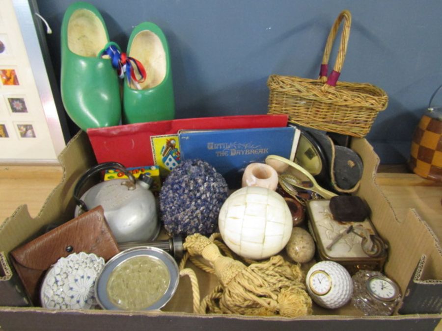 A box of collectables to include onyx, horn handlded copper pan, palmistry print, clogs etc