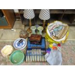 Sundry items inc lamps, candle holders, china, retro material, dog outfit etc