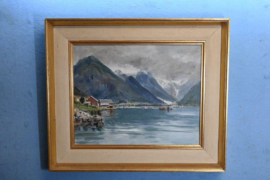Frederick Fitzgerald, oil on board landscape of Norwegian fjord enscribed "Mundal", July 1939 on