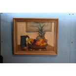 Geraldine Mead, oil on canvas still life of fruit bowl and jug framed 61cm x 51cm