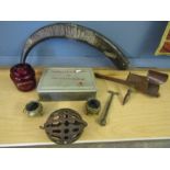 collectors lot to inc Horn, metal ball, cranberry glass, brass cauldrons, stereoscope, bronze seed