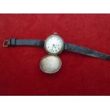 A Swiss Silver WWI 'Trench' military issue watch with leather strap. Working order.