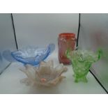 4 coloured glass bowls/vases incl Lavorazione after Murano