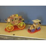 Scratch built wooden stagecoach and vintage car on stands. Stage coach H34cm approx