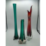 3 tall coloured glass vases incl Whitefriars triform vase, tallest 40cms