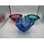 2 coloured heavy glass dishes and a blue handkerchief vase