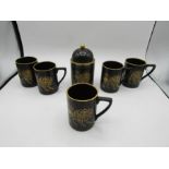 PortMeirion 5 cups and lidded pot inblack with gold design