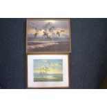 Two prints by Peter Scott, Mallards in a stormy sky and geese.