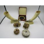 Bovine horns, a bone bangle and 3 trinket pots with bone and mother of pearl detail