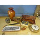 Treen collection inc carved scent egg, whiskey barrell, vase etc