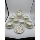 Minton Haddon Hall pert tea set comprising 4 cups and saucers, 2 sandwich plates, teapot, milk jug