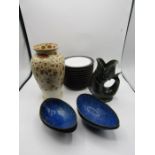 Fosters pottery gurgle jug and vase, Holkham pottery saucers and 4 blue glazed avocado dishes