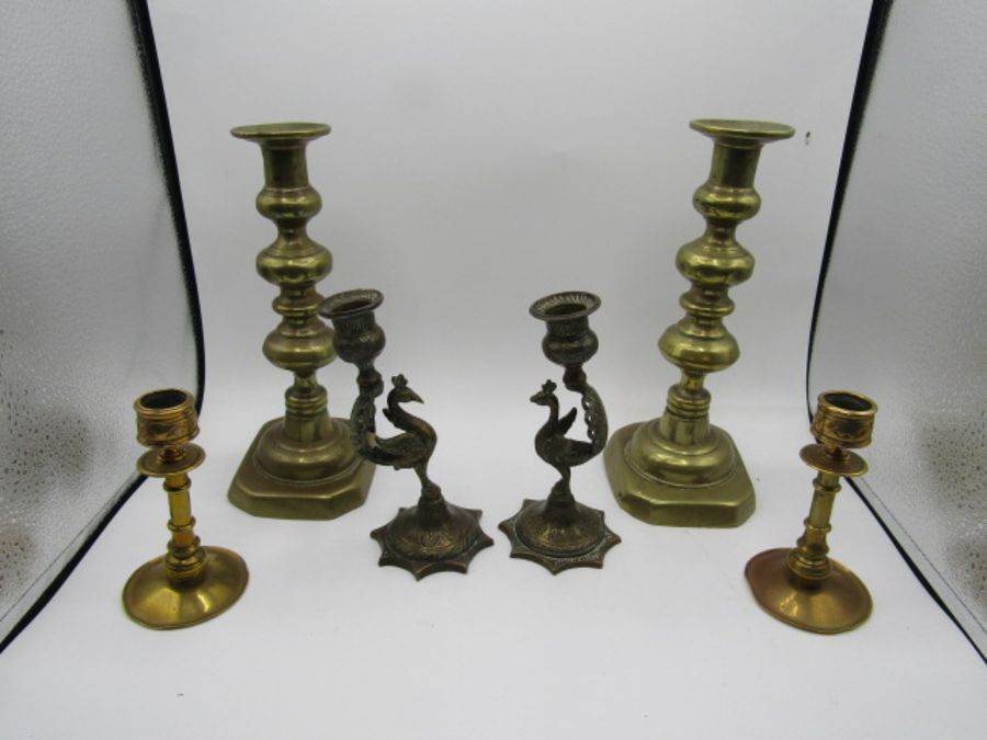 Brass candlesticks inc peacock pair