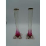 Pair of Edwardian hallmarked silver collared cranberry and white glass vases, J H Worrall & Son,