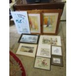 Framed prints, pencil drawing, repro advertising sign and signed watercolours etc