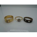 2 gold rings stamped 18ct, gross weight 9.8g and a victorian enamel ring marked 18 CJ 92