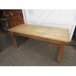 Pine topped farmhouse kitchen table with oak base and drawer one end H75cm Top 75cm x 182cm approx