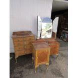 Mid century bedroom furniture including dressing table with mirror, chest of drawers and bedside