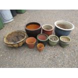 Ceramic garden pots and hanging basket. Largest pot H31cm approx