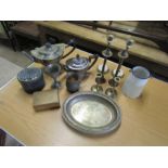 Mixed metalware including teapots and candle sticks etc