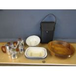 Sona tea set, wooden bowl, wine carry case and enamel ware