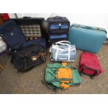 Stillage of textiles- clothing and blankets to inc Hunter wellies, vintge leather bags, hats, bags