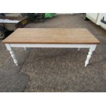 Large pine kitchen table with painted base H78cm Top 92cm x 213cm approx