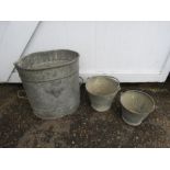 2 Galvanised buckets and large galvanised handled bucket