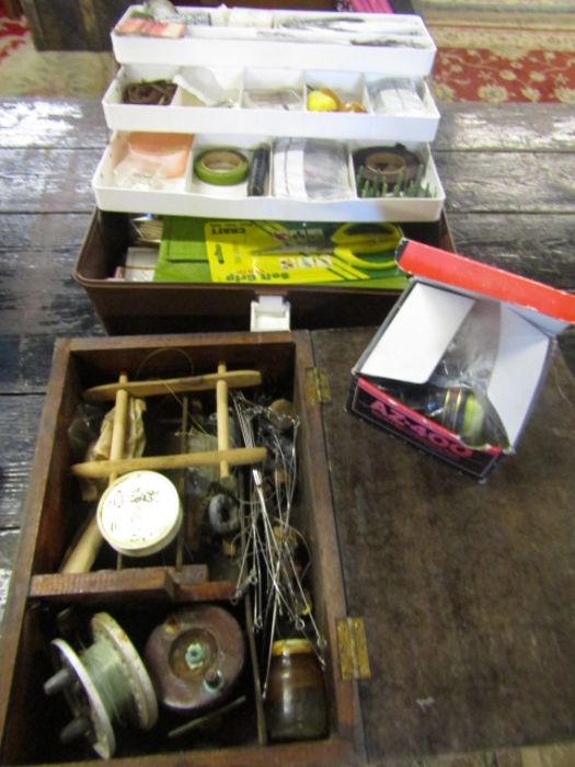 Olympic spinning reel, tackle box with contents a box of vintage reels, weights etc - Image 4 of 5