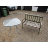 Glass topped garden table and wooden bench L111cm approx