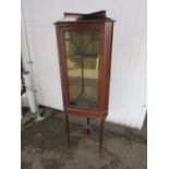 Mahogany inlaid corner display unit with one piece of loose glass as seen in photo H157cm W56cm