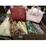 Box of curtains, material and cushions