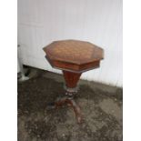 Mahogany inlaid hexagonal work table with tripod legs and chequered top H74cm Top 45cm x 45cm approx