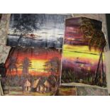 3 mixed media African pictures on rolled canvas