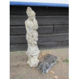 Concrete Lady statue on stand and concrete dog ornament