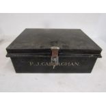 Metal document box with P.J Callaghan stamped on and makers name inside